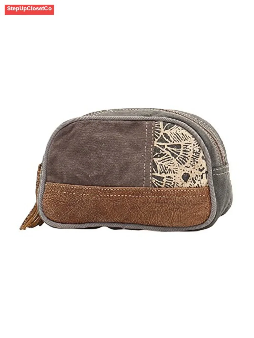 Upcycled Canvas Makeup Bag Leather Trim Boho Small Purse